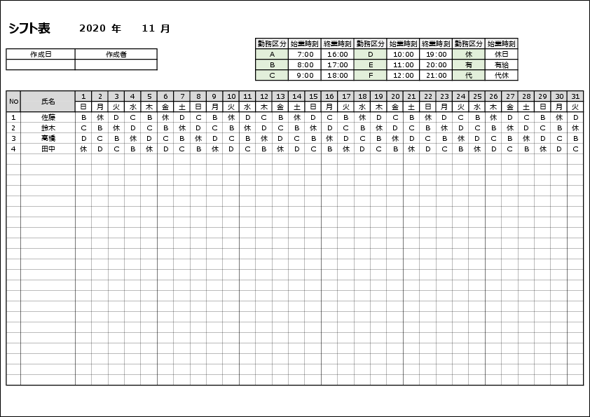 月間シフト表